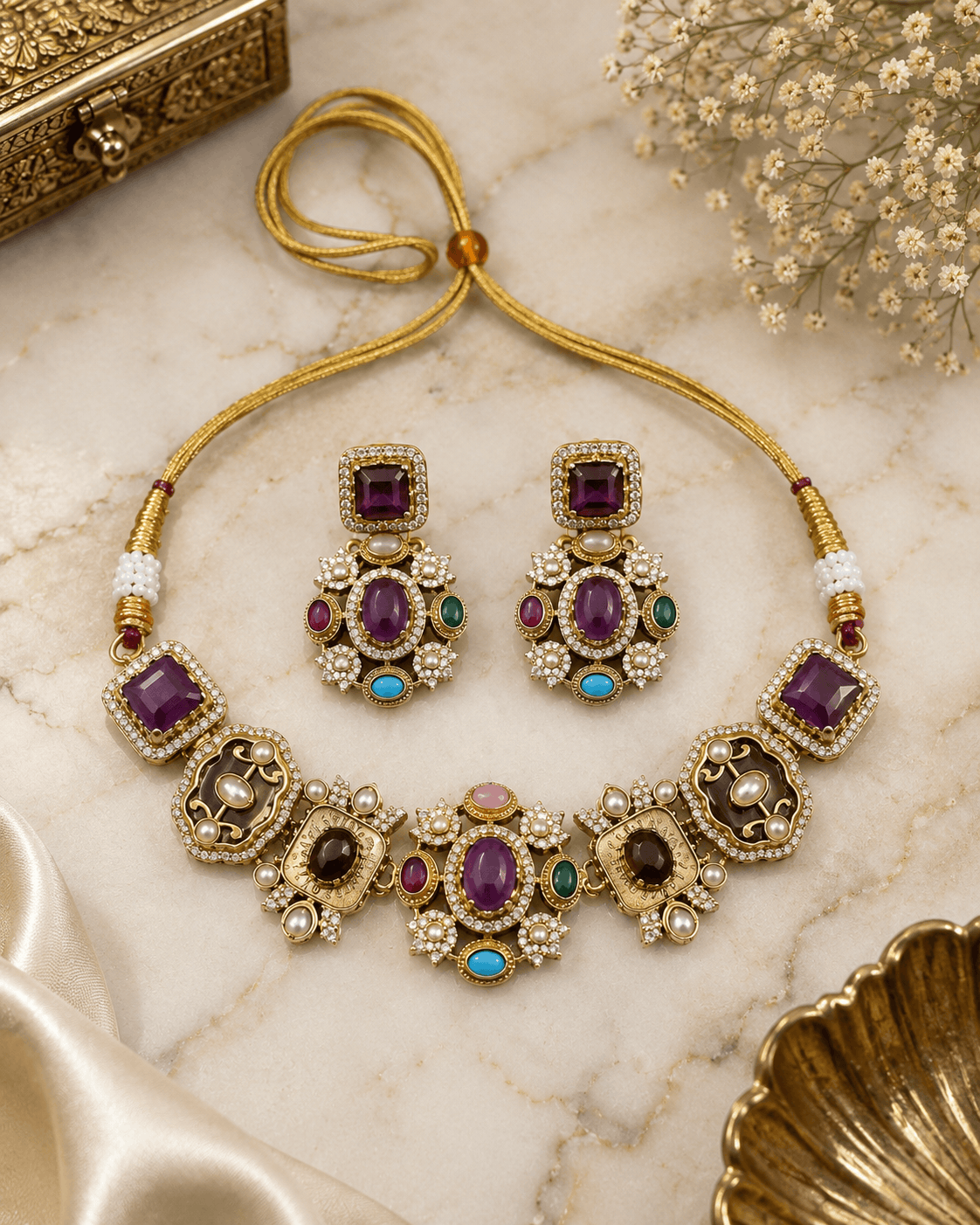 Beaded gold-tone necklace set with purple and teal stones; square stud drop earrings