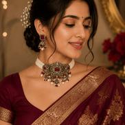 Wine choker necklace with pearl clusters and matching drop earrings on model