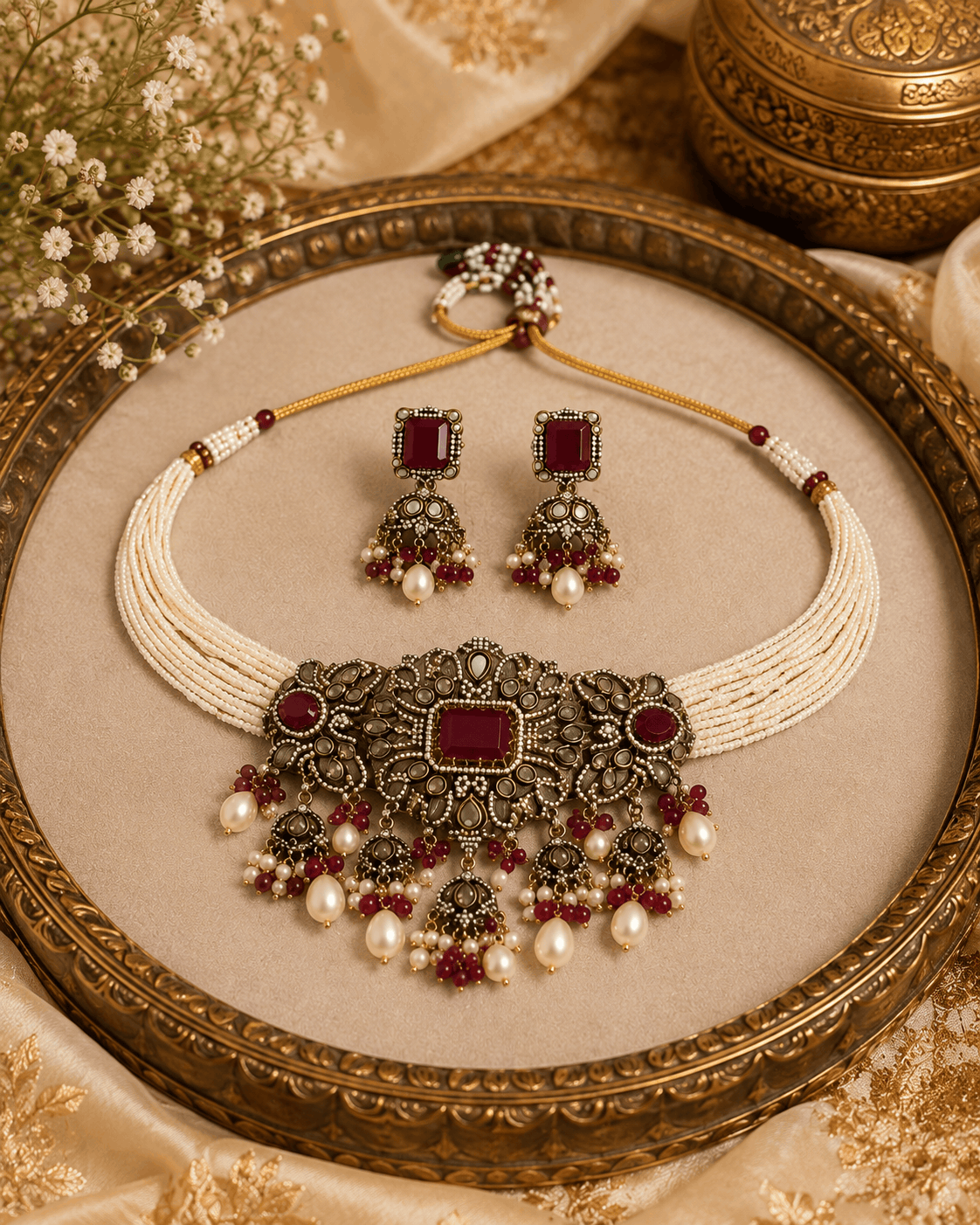 Wine-toned choker set with pearl drops and maroon gemstone center, gold-tone beads