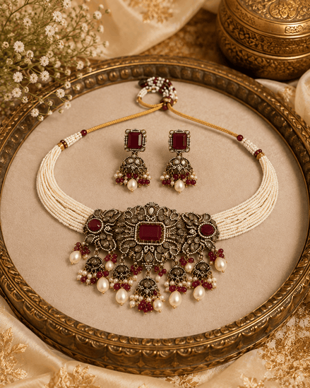 Wine-toned choker set with pearl drops and maroon gemstone center, gold-tone beads