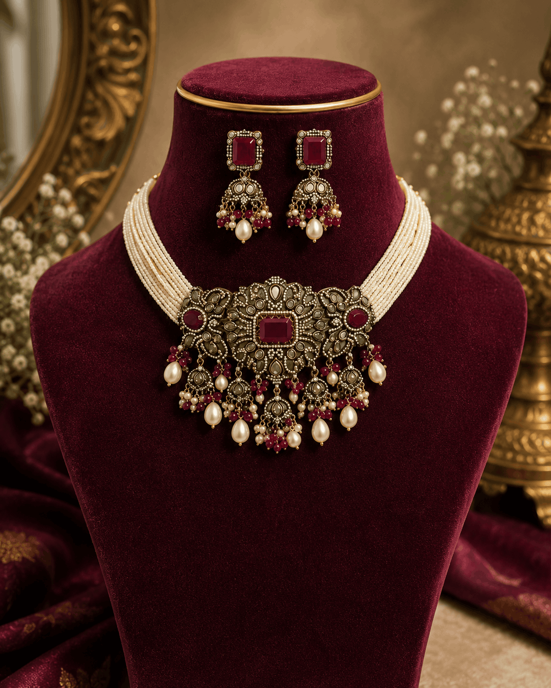 Burgundy velvet display with wine choker necklace, pearl tassels, and drop earrings