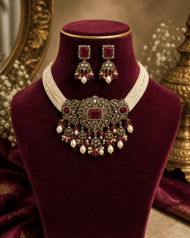 Burgundy velvet display with wine choker necklace, pearl tassels, and drop earrings