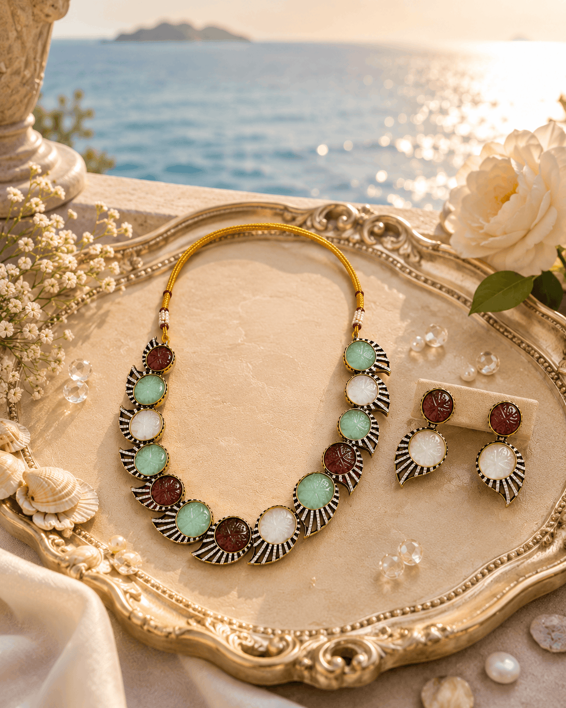 Beaded multicolor stone necklace with matching earrings on decorative tray