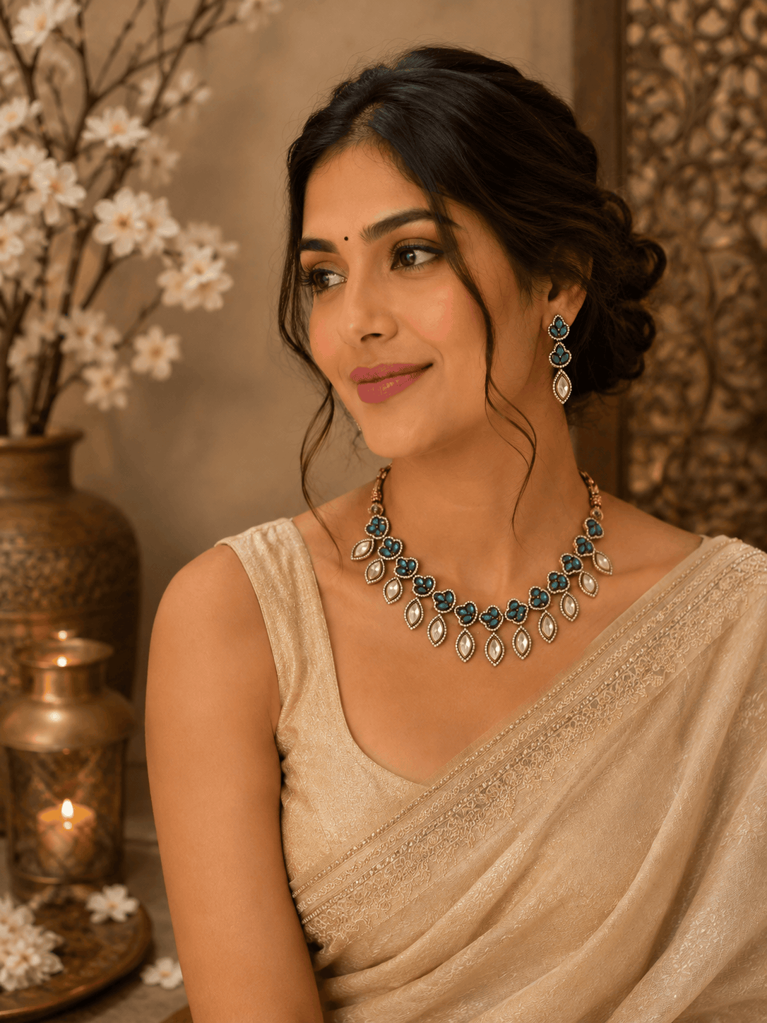 Teal and gold necklace set with matching earrings worn on model