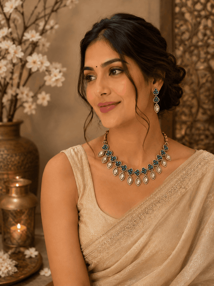 Teal and gold necklace set with matching earrings worn on model