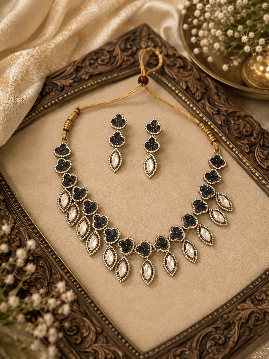 Teal and gold necklace set with teardrop stones and matching drop earrings