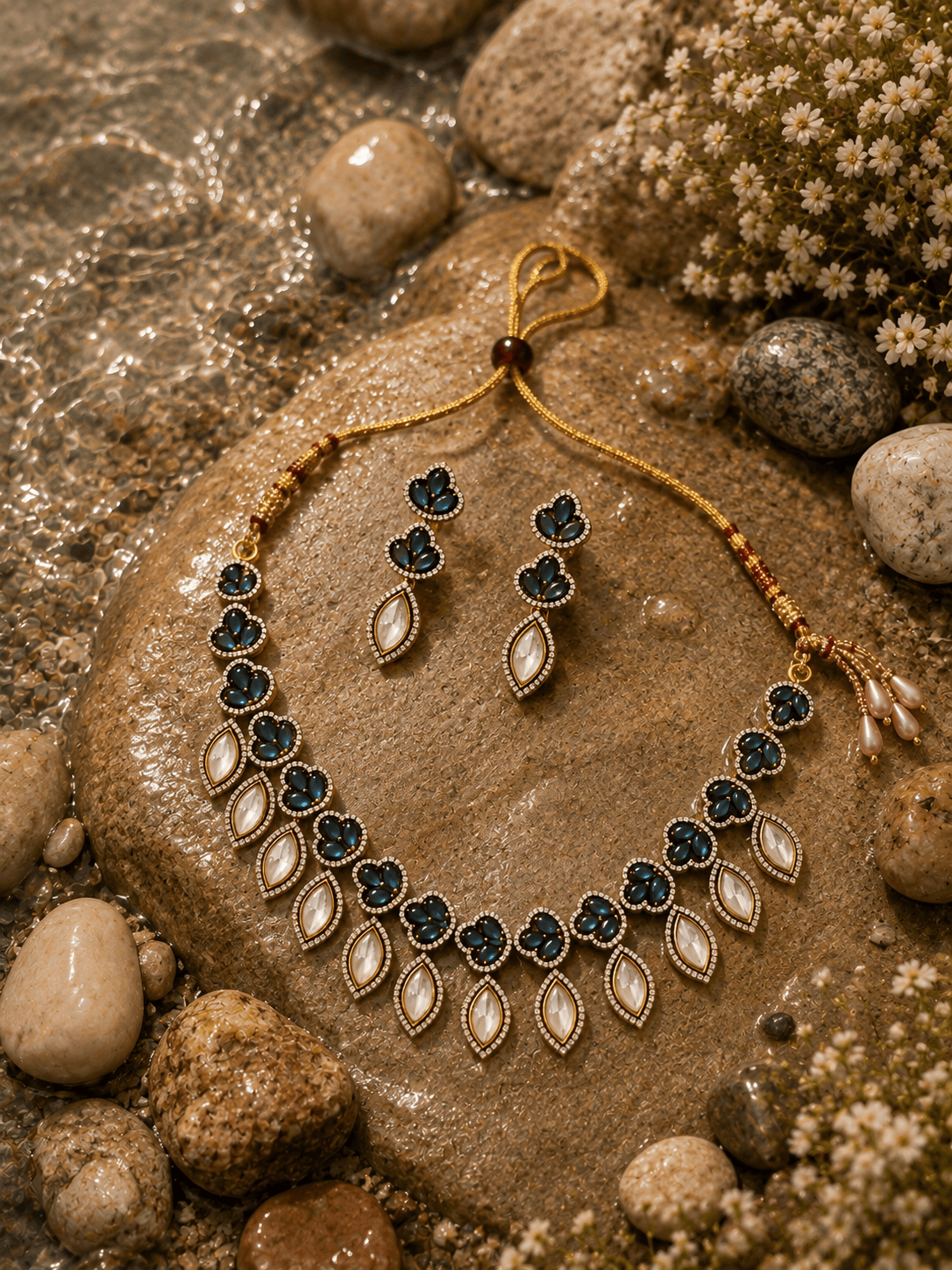 Gold cord teal and gold necklace with matching drop earrings