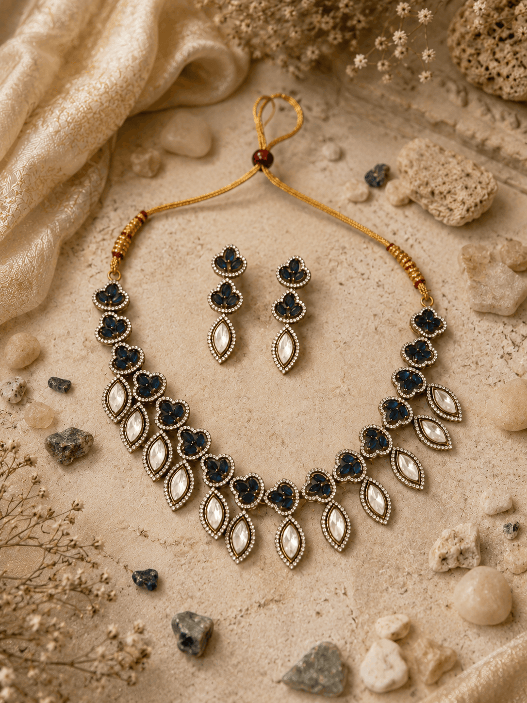 Gold cord necklace with teal teardrop charms and matching drop earrings