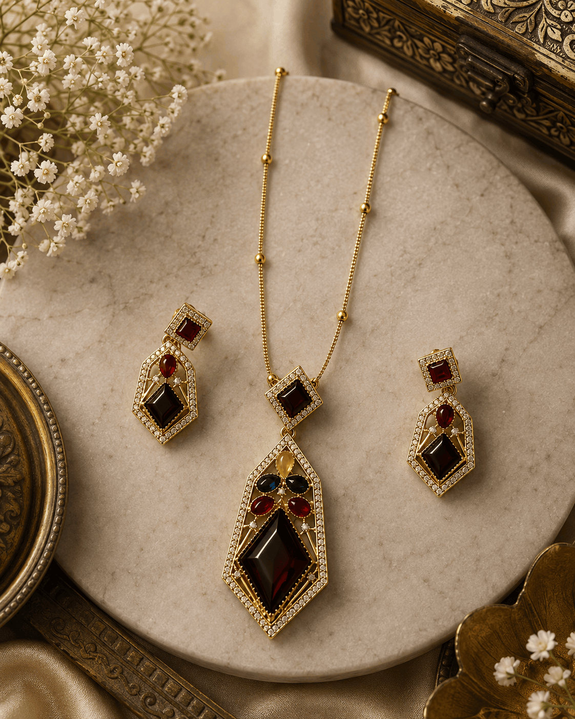 Gold-tone pendant necklace with matching drop earrings, red and blue gem stones.