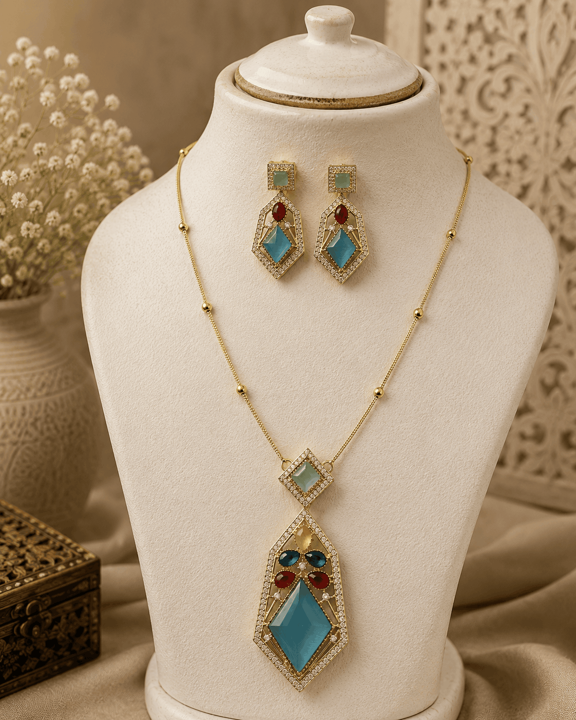 Gold-tone gemstone pendant necklace set with teal diamond pendant and matching drops
