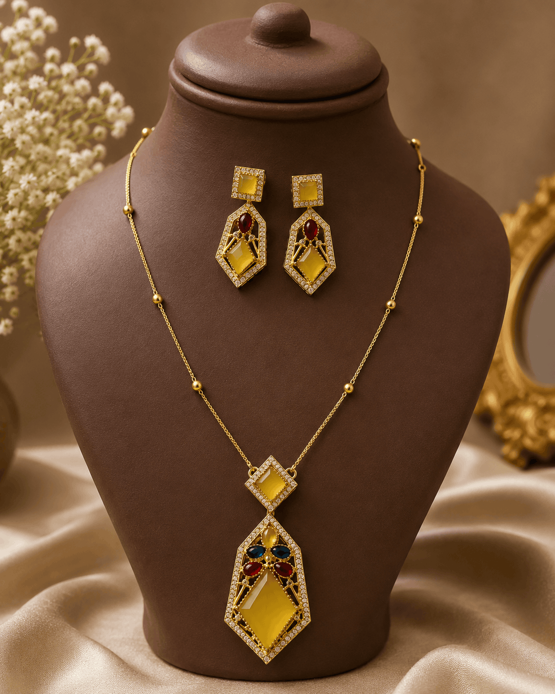 Gold-tone gemstone pendant necklace set with teal and red diamond pendant