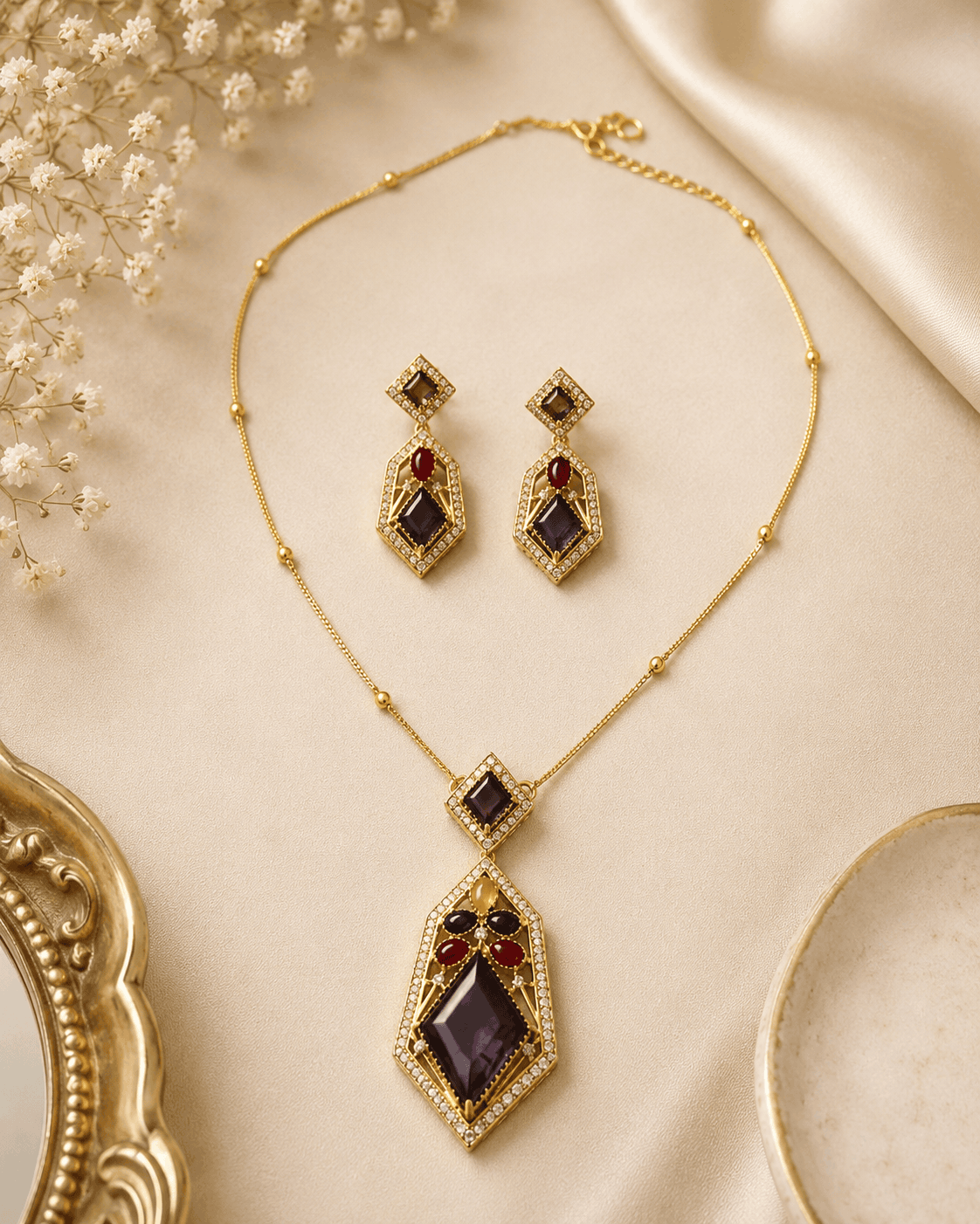 Gold-tone gemstone pendant necklace set with purple and green drop earrings