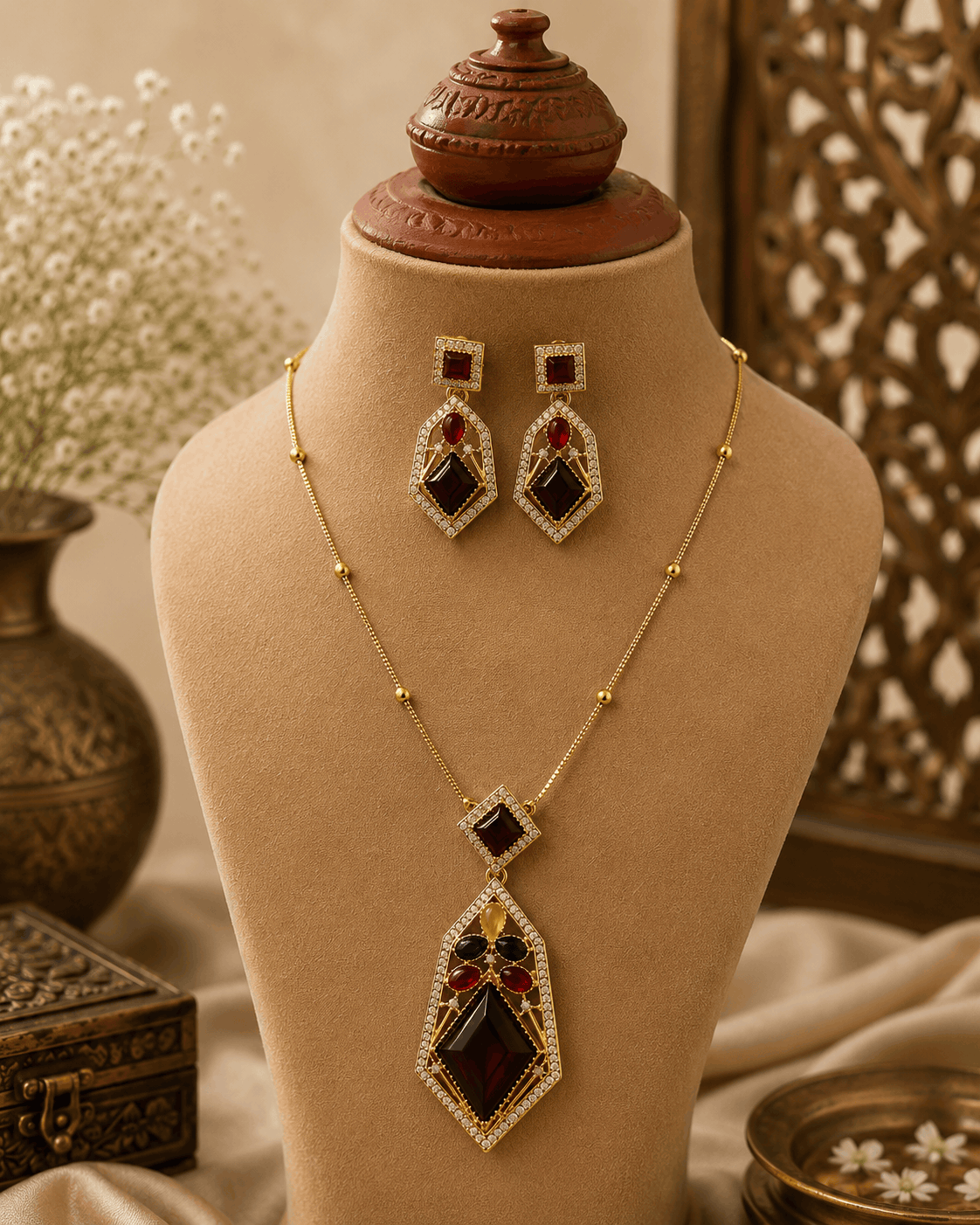 Gold-tone pendant necklace set with dark red, green, and purple gemstone drops