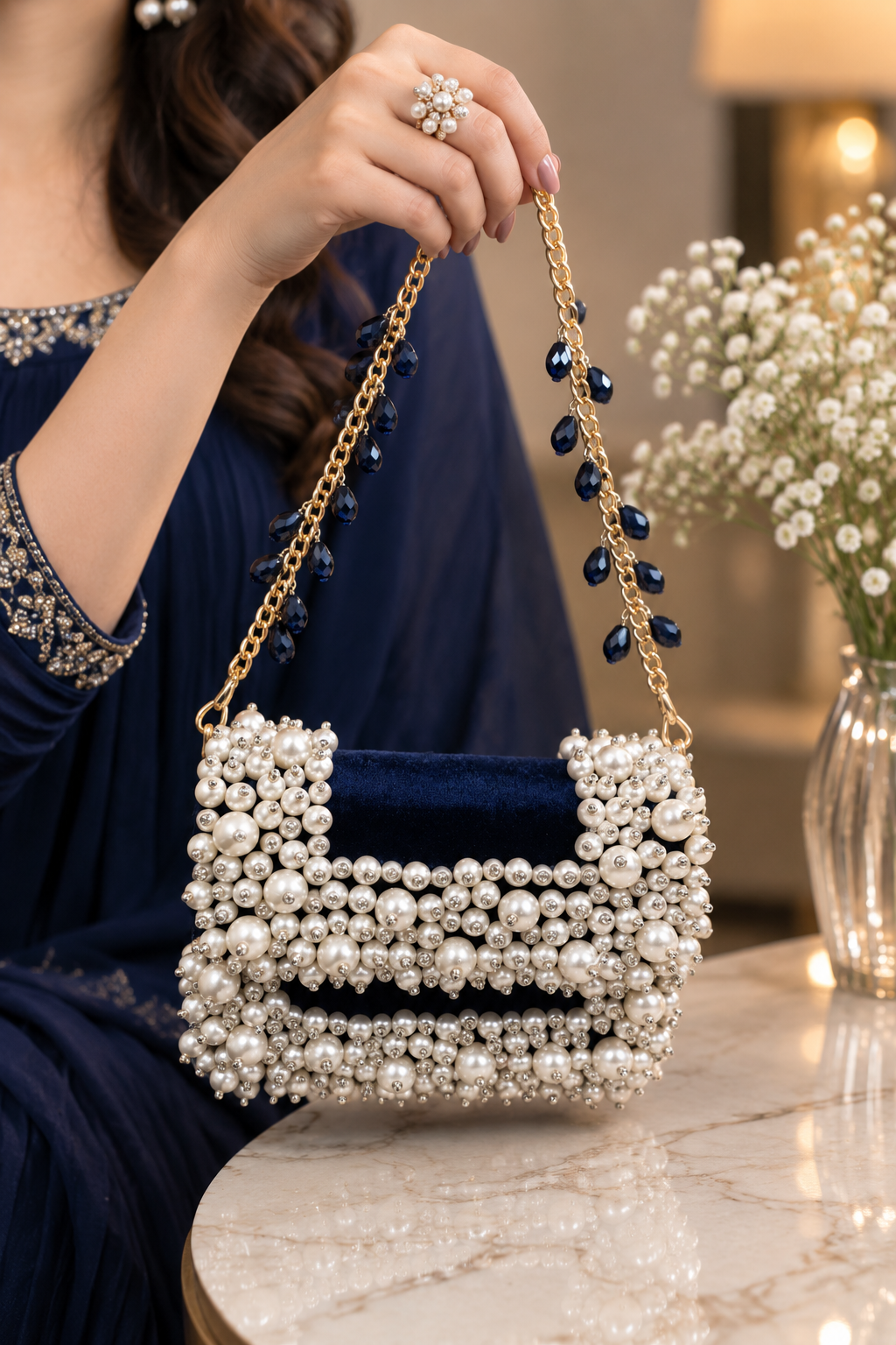 Pearl bead mini bag with gold chain handle and ruched navy fabric panel
