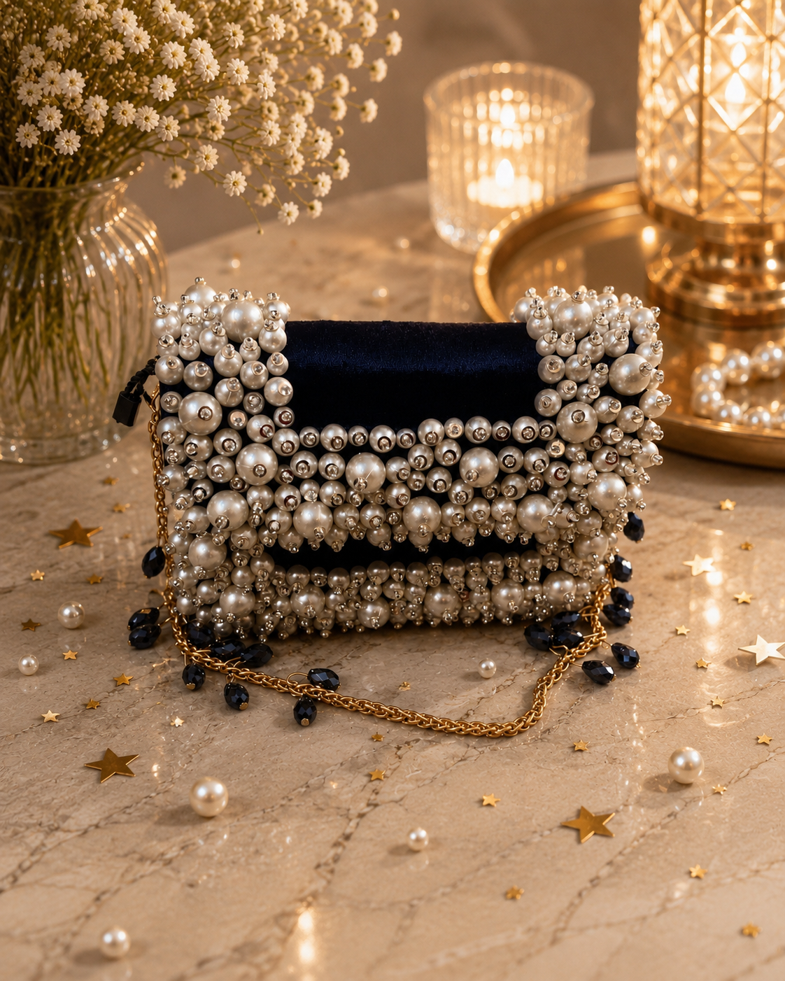 Pearl-beaded mini bag with navy interior and gold chain strap