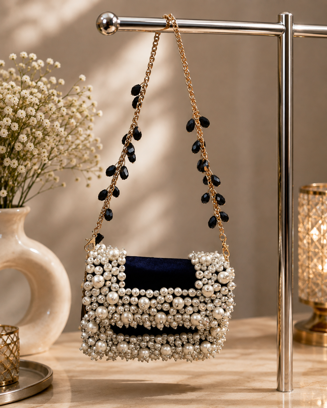 Pearl-beaded mini bag with navy insert and long tassel strands on gold chain