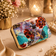 Floral clutch bag with multicolor print and gold-tone chain strap and clasp