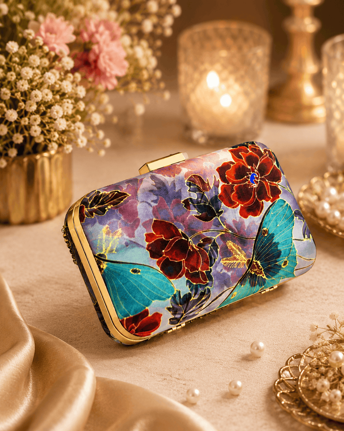 Floral clutch bag with multicolor print and gold-tone chain strap and clasp