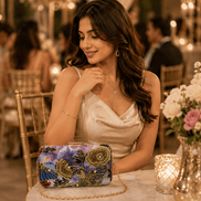Floral clutch purse with multicolor design, gold-tone frame and clasp