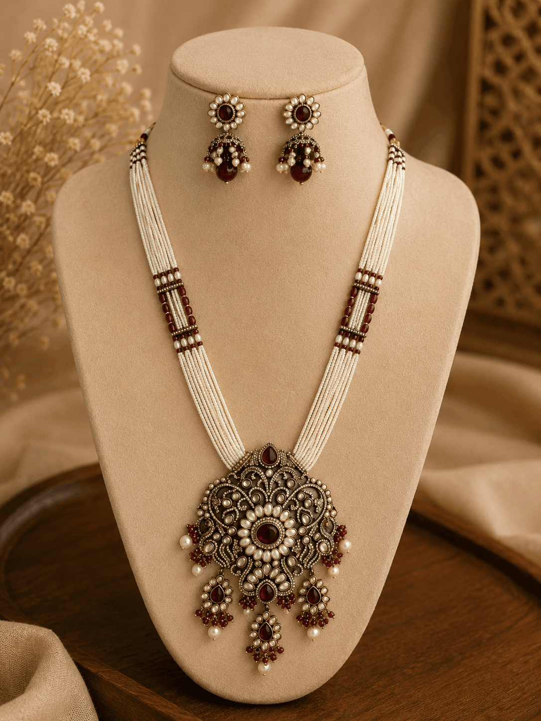 Gold-tone heritage necklace with large filigree pendant and matching stud-to-drop earrings.