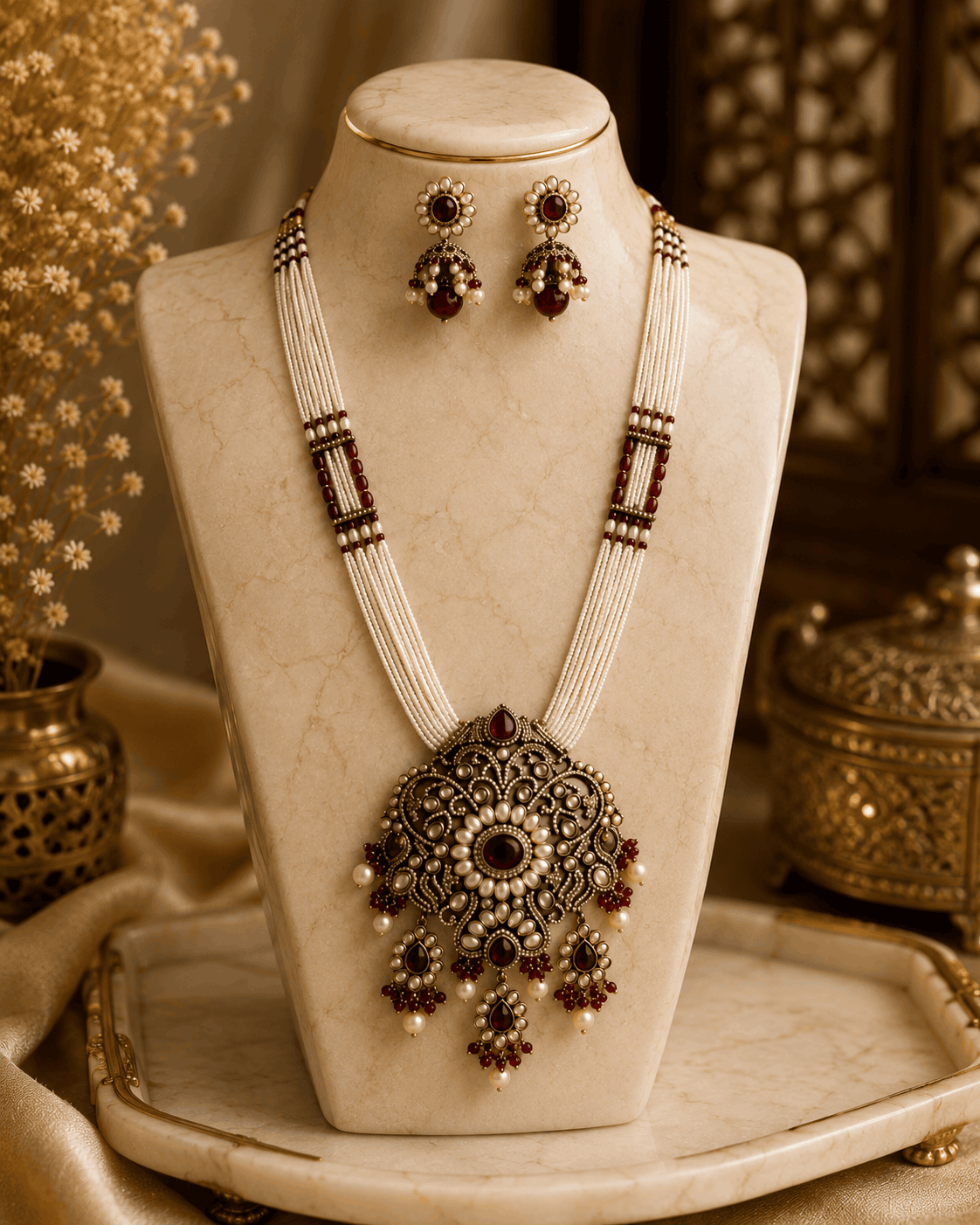 Layered beaded necklace with large ornate pendant and dangling gemstone drop earrings.