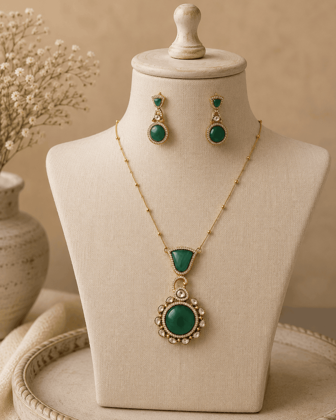 Emerald pendant necklace set with round teardrop centerpiece and matching drop earrings