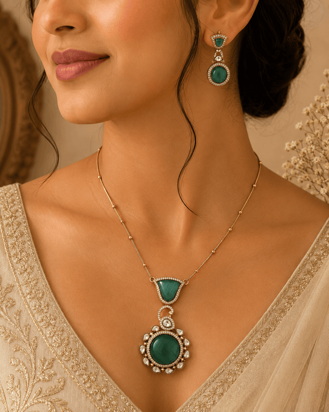 Emerald pendant necklace with teardrop center and matching drop earrings worn by model
