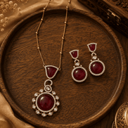 Wine pendant necklace with gold chain and round maroon drop earrings