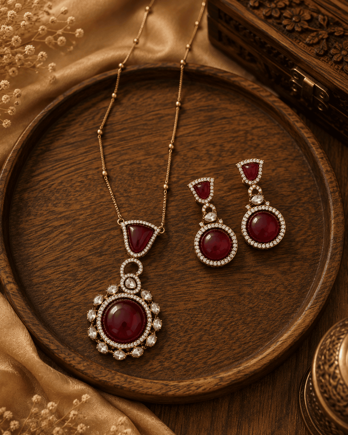 Wine pendant necklace with gold chain and round maroon drop earrings