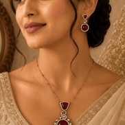 Wine pendant necklace with round center and matching drop earrings worn by model