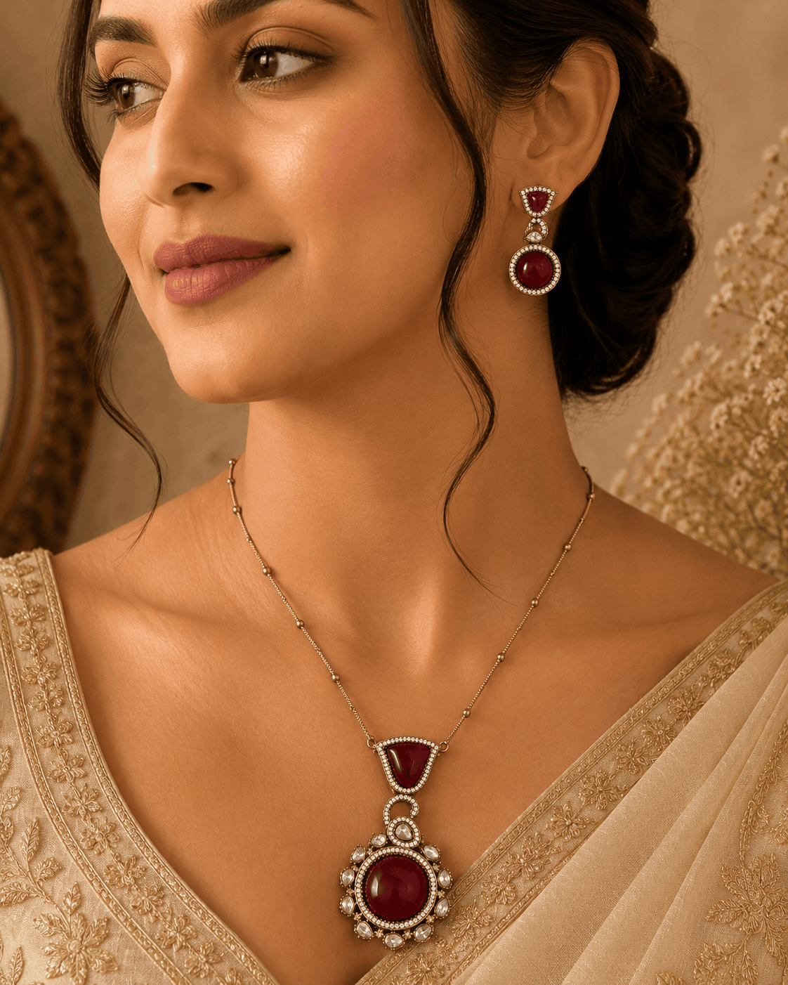 Wine pendant necklace with round center and matching drop earrings worn by model
