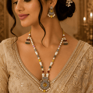 Beaded mala set with pearl bead necklace and gold maroon pendant, matching earrings