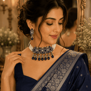 Zara Heritage choker set with royal blue bead fringe and silver-tone ornate centerpiece
