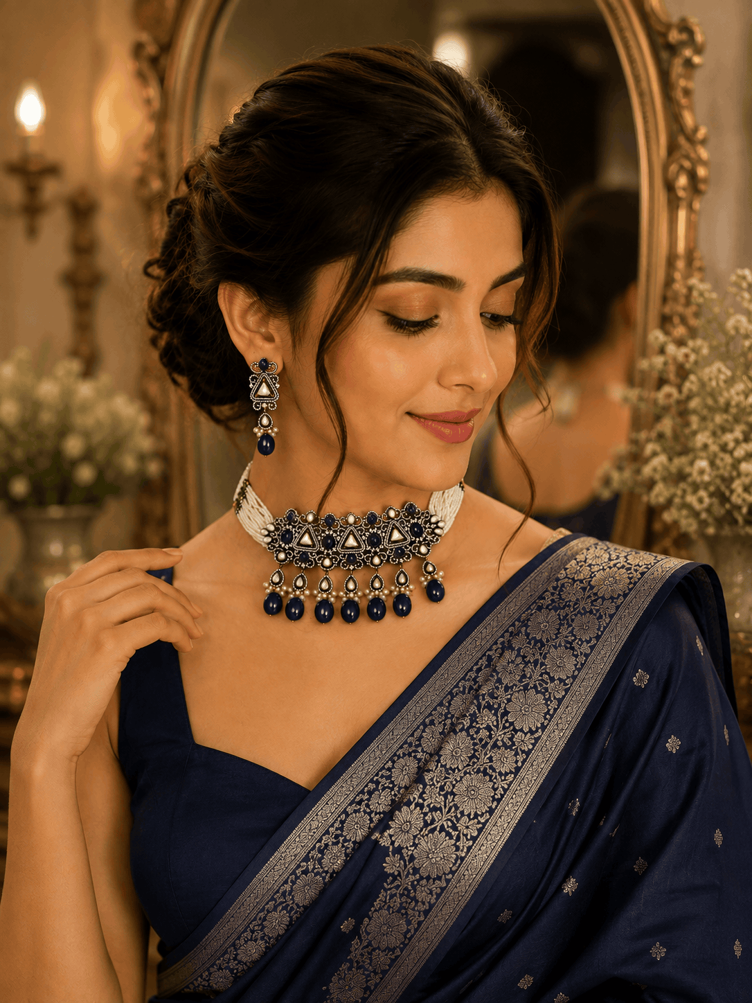 Zara Heritage choker set with royal blue bead fringe and silver-tone ornate centerpiece