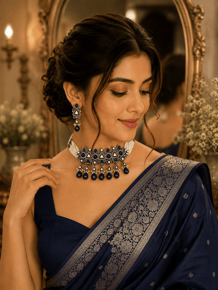 Zara Heritage choker set with royal blue bead fringe and silver-tone ornate centerpiece