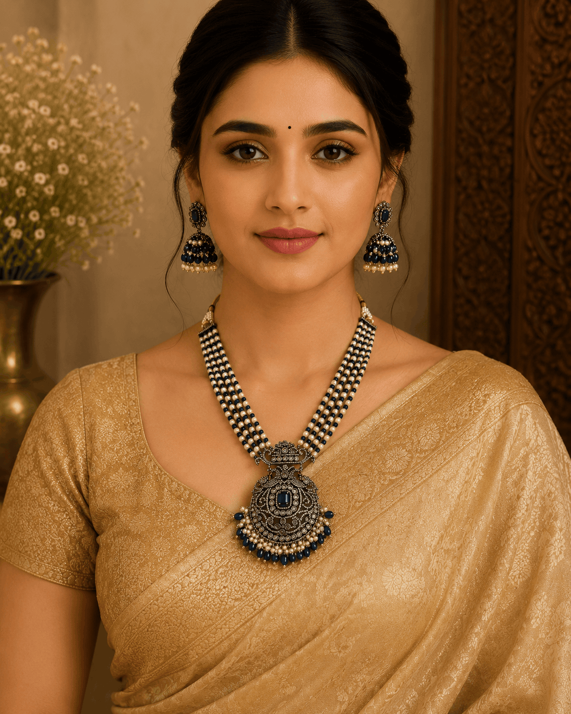 Navy blue beaded pearl necklace set with ornate pendant and dangling earrings