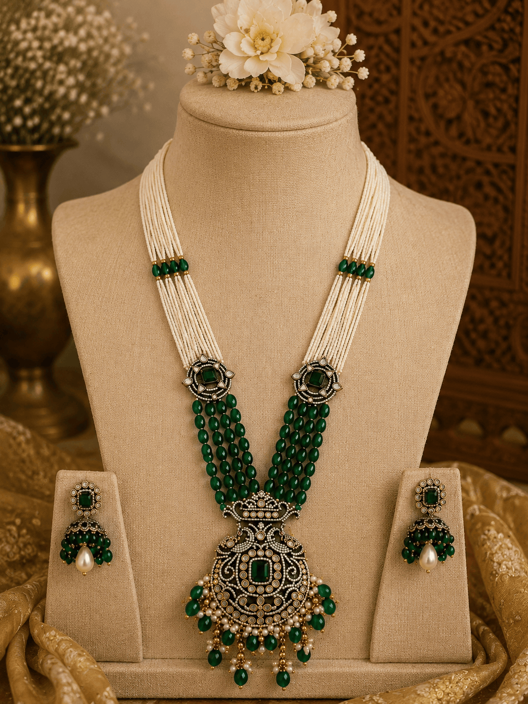 Emerald green beaded pearl necklace set with ornate pendant and matching stud earrings