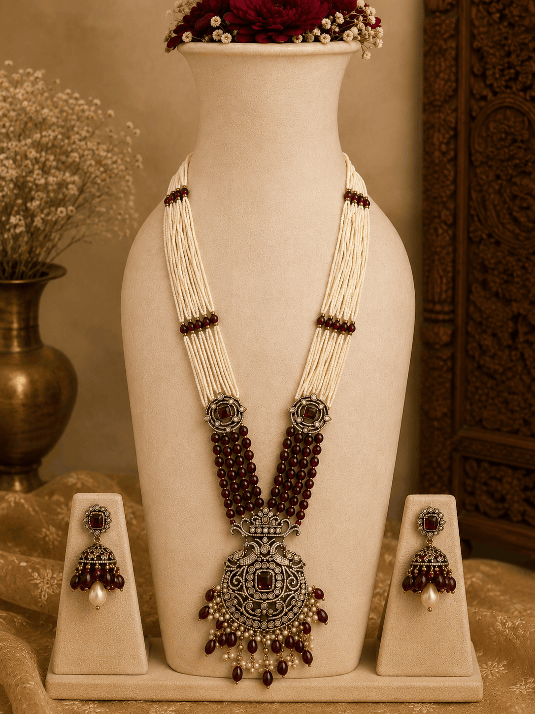 Maroon beaded pearl necklace set with ornate pendant and matching stud earrings