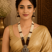 Maroon bead pearl necklace set with round pendant and matching dangling earrings