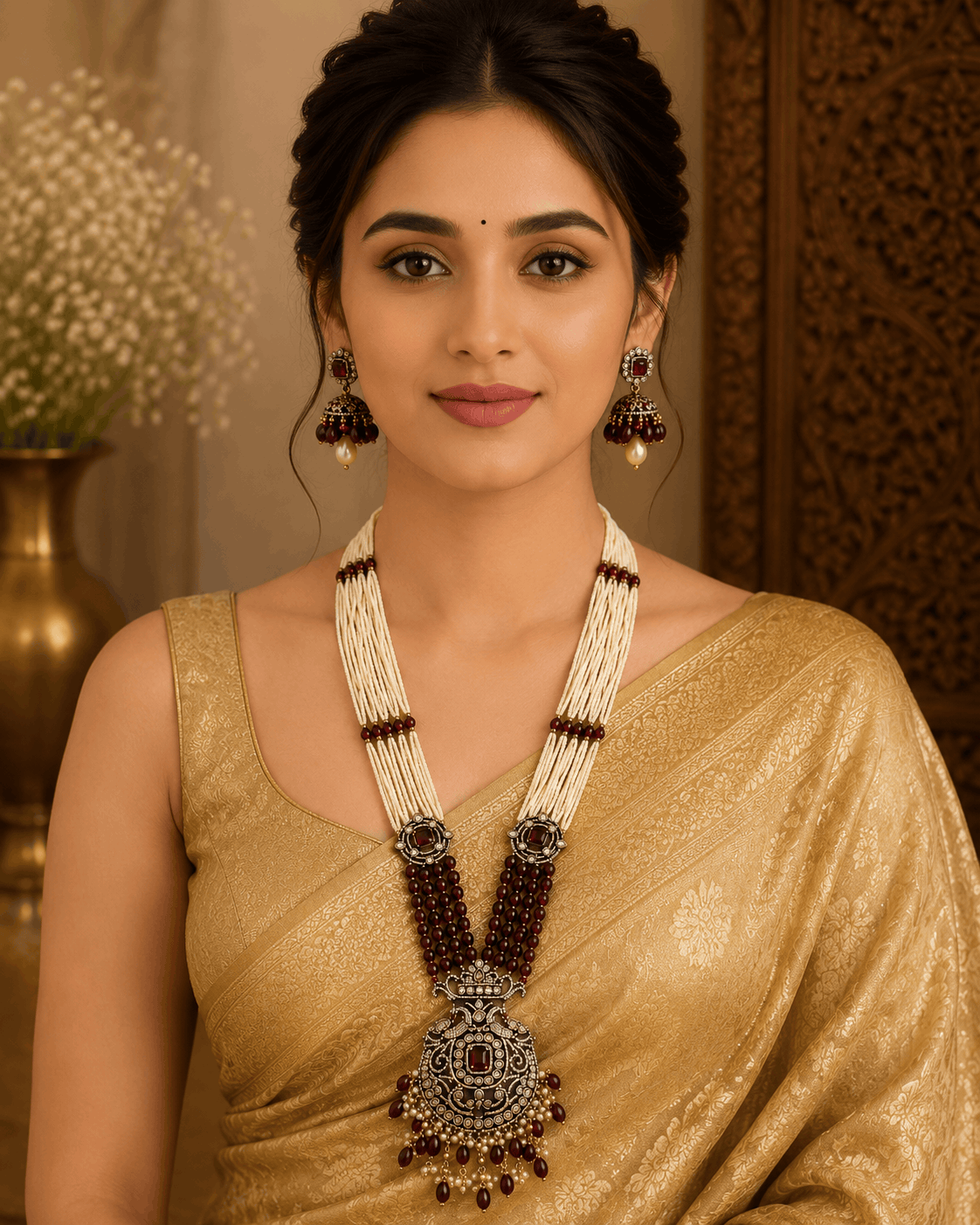 Maroon bead pearl necklace set with round pendant and matching dangling earrings