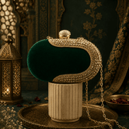 Emerald green velvet crystal fringe clutch with gold chain strap and top clasp