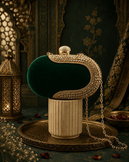 Emerald green velvet crystal fringe clutch with gold chain strap and top clasp