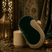 Emerald green velvet crystal fringe clutch, side view with gold chain strap