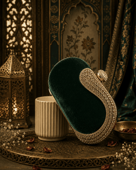 Emerald green velvet crystal fringe clutch, side view with gold chain strap