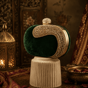 Emerald green velvet crystal fringe clutch with gold crystal wrap and top clasp
