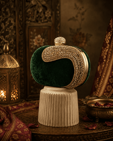 Emerald green velvet crystal fringe clutch with gold crystal wrap and top clasp