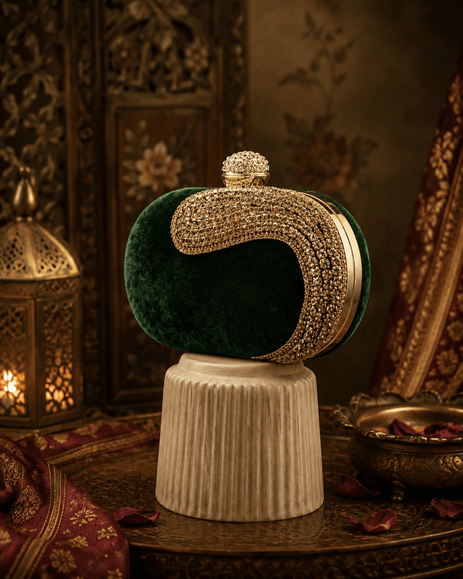 Emerald green velvet crystal fringe clutch with gold crystal wrap and top clasp