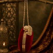 Maroon velvet crystal fringe clutch with gold chain strap and curved clasp