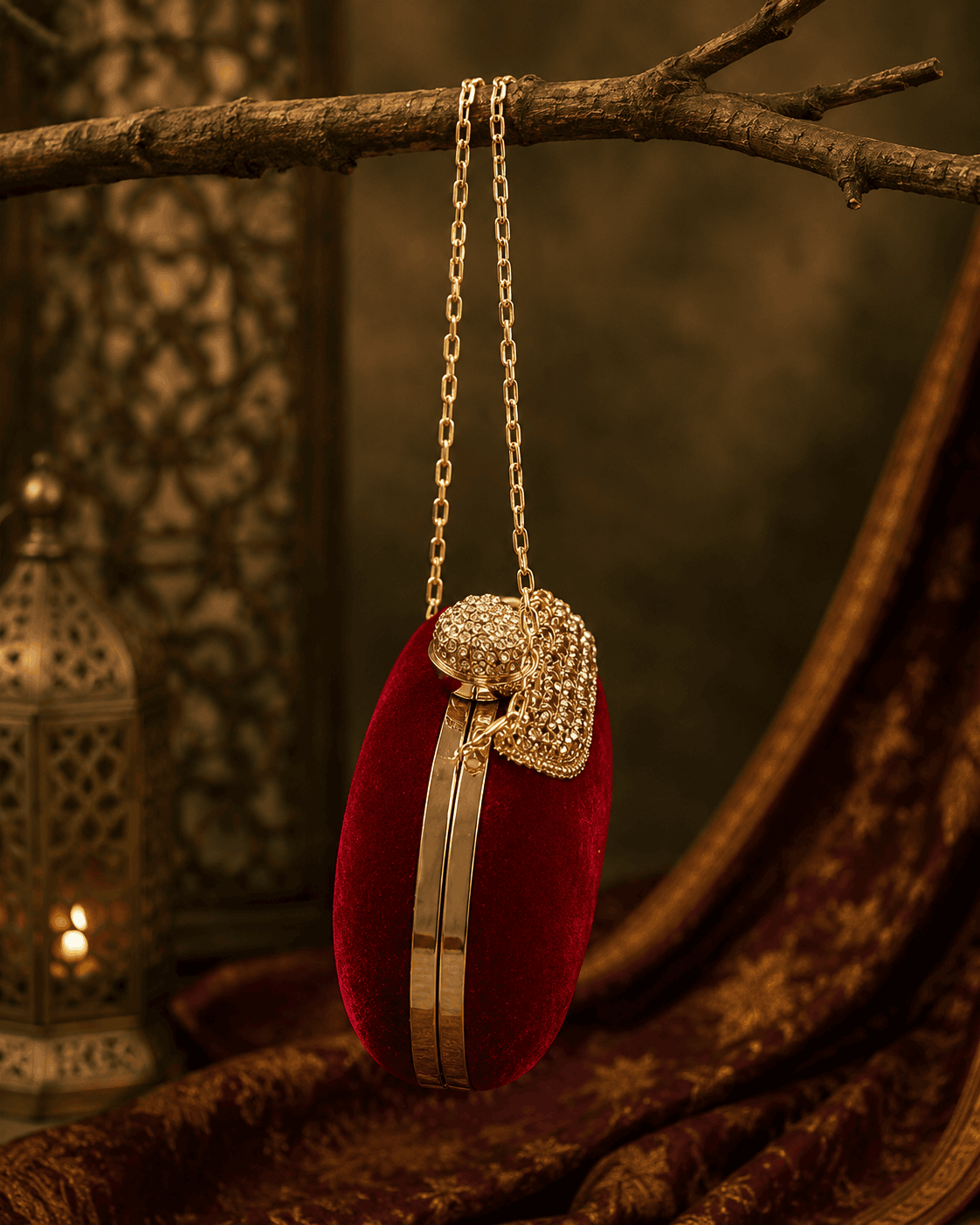 Maroon velvet crystal fringe clutch with gold chain strap and curved clasp