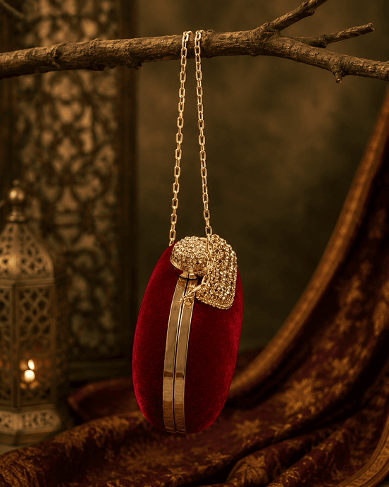Maroon velvet crystal fringe clutch with gold chain strap and curved clasp